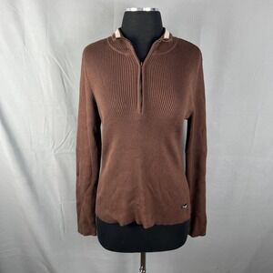 Polo Ralph Lauren Sweater Womens Large Brown Cotton Ribbed Knit Quarter Zip Cozy